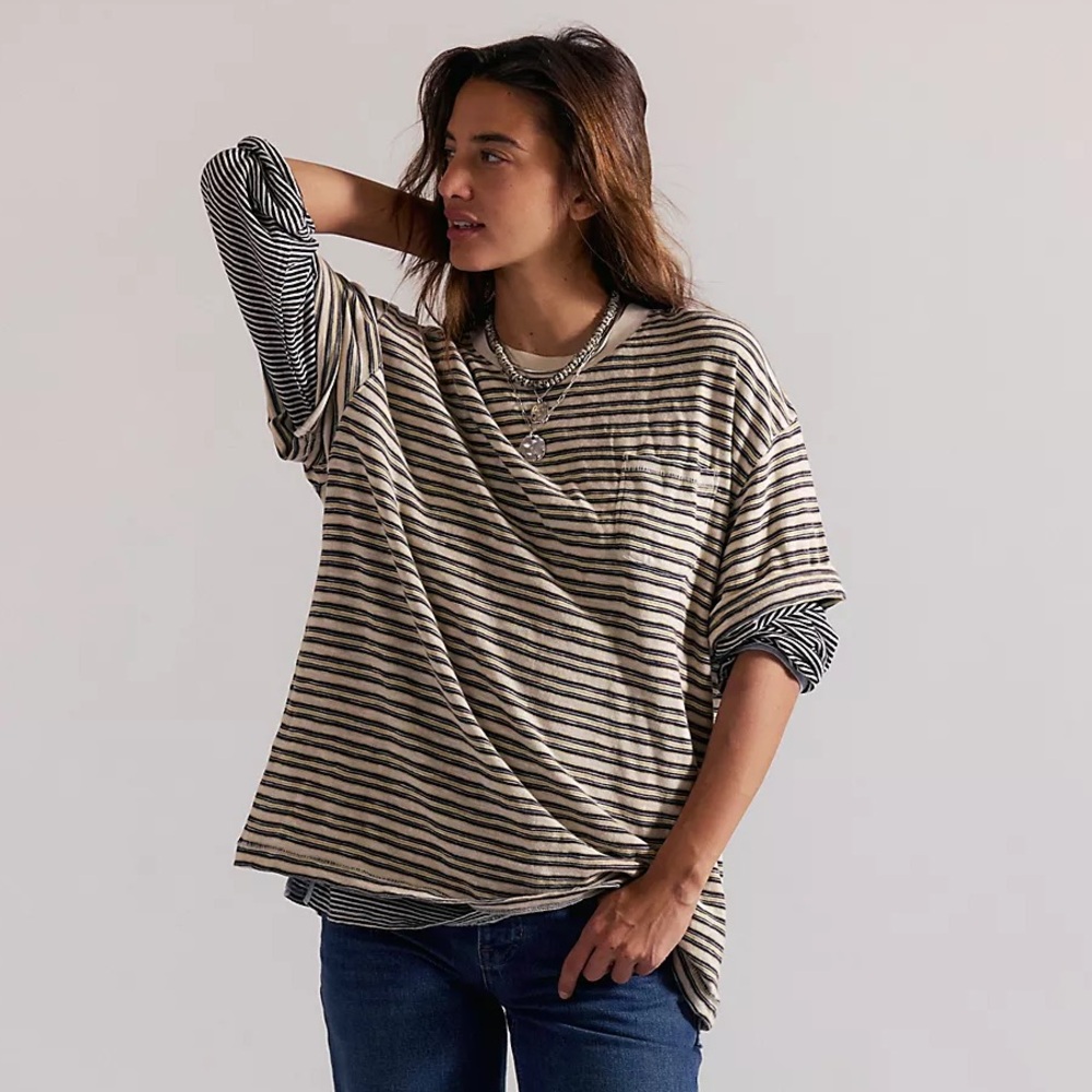 Free People We The Free All Love Striped Pocket Tee in Tea Combo